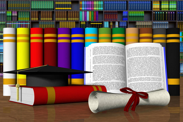  Ilustración 3D. Sombrero y diploma con libros y tesis en segundo plano - Foto, Imagen