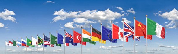 Heiluttaa lippuja maiden jäsenten ryhmä kaksikymmentä. Iso G20, Roomassa, Italian pääkaupungissa, 30.-31. lokakuuta 2021. 3d Kuvitus. Eristetty taivaalla tausta. - Valokuva, kuva
