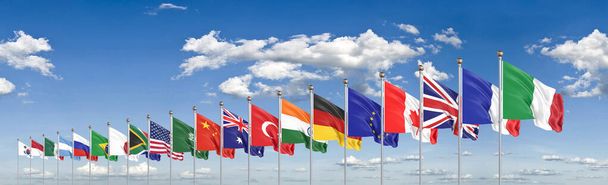 Flaggen schwenkende Länder der Gruppe der Zwanzig. Große G20 vom 30. bis 31. Oktober 2021 in Rom, der Hauptstadt Italiens. 3d Illustration. Isoliert auf Himmelshintergrund. - Foto, Bild