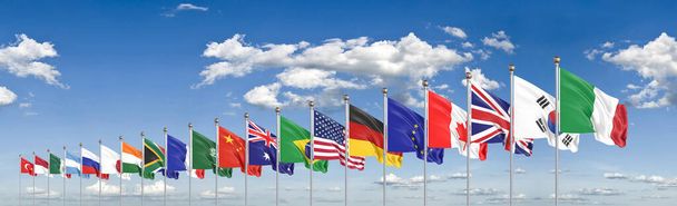 Sventolando bandiere paesi membri del Gruppo dei Venti. Big G20, a Roma, capitale d'Italia, dal 30 al 31 ottobre 2021. Illustrazione 3d. Isolato su sfondo cielo. - Foto, immagini