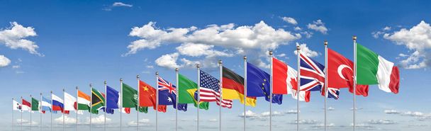 ondeando banderas países de miembros Grupo de los Veinte. Gran G20, en Roma, capital de Italia, del 30 al 31 de octubre de 2021. Ilustración 3d. Aislado en el fondo del cielo. - Foto, Imagen