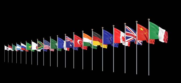 Drapeaux des pays membres Groupe des Vingt. Grand G20, à Rome, la capitale de l'Italie, les 30 et 31 octobre 2021. Illustration 3D. Isolé sur fond noir. - Photo, image