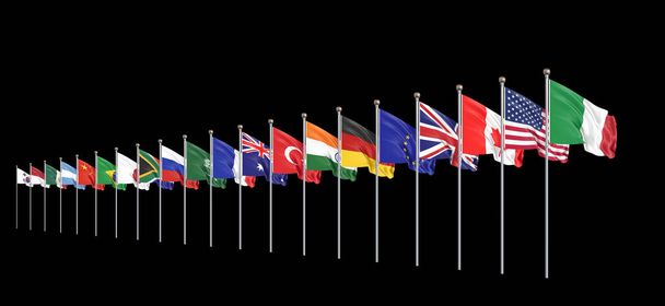 Drapeaux des pays membres Groupe des Vingt. Grand G20, à Rome, la capitale de l'Italie, les 30 et 31 octobre 2021. Illustration 3D. Isolé sur fond de ciel. - Photo, image