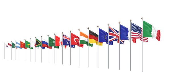 Flaggen schwenkende Länder der Gruppe der Zwanzig. Große G20 vom 30. bis 31. Oktober 2021 in Rom, der Hauptstadt Italiens. 3d Illustration. Isoliert auf weißem Hintergrund. - Foto, Bild