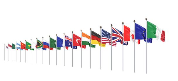 Flaggen schwenkende Länder der Gruppe der Zwanzig. Große G20 vom 30. bis 31. Oktober 2021 in Rom, der Hauptstadt Italiens. 3d Illustration. Isoliert auf weißem Hintergrund. - Foto, Bild