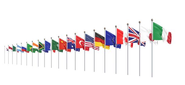 Heiluttaa lippuja maiden jäsenten ryhmä kaksikymmentä. Iso G20, Roomassa, Italian pääkaupungissa, 30.-31. lokakuuta 2021. 3d Kuvitus. Eristetty valkoisella pohjalla. - Valokuva, kuva