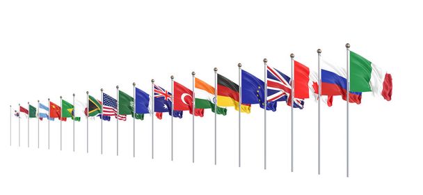 Drapeaux des pays membres Groupe des Vingt. Grand G20, à Rome, la capitale de l'Italie, les 30 et 31 octobre 2021. Illustration 3D. Isolé sur fond blanc. - Photo, image