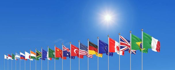 Heiluttaa lippuja maiden jäsenten ryhmä kaksikymmentä. Iso G20, Roomassa, Italian pääkaupungissa, 30.-31. lokakuuta 2021. 3d Kuvitus. Eristetty taivaalla tausta. - Valokuva, kuva