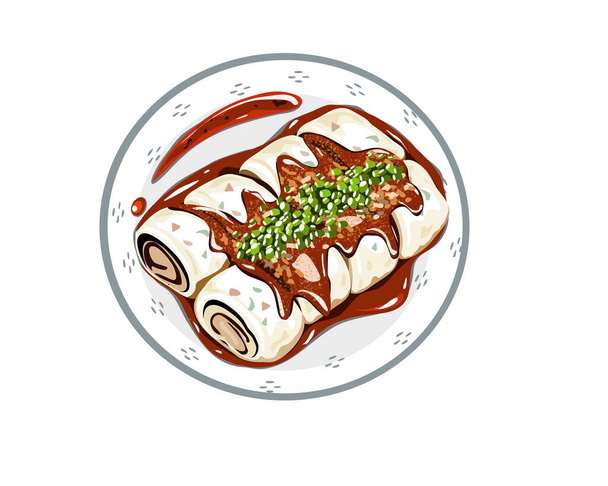 Gestoomde loempia op een bord. Voorjaarsbroodje met saus erop en lente-uien. Geïsoleerde Aziatische voedsel vector illustratie op witte achtergrond.  - Vector, afbeelding