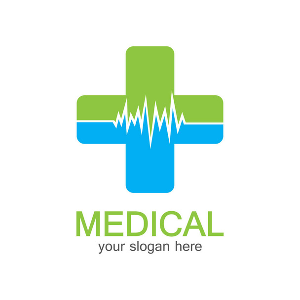 Medical logotype. Pharmacy colored plus cross in a soft shape. Tests, pharmaceutical sign with cardio scheme. Help and health care symbol. Branding identity with cross shape elements. - Vector, Image