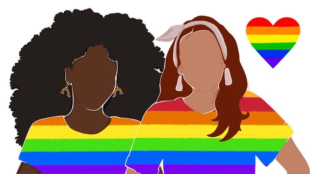 pareja lesbiana vestida con camisetas de arco iris. soporte para lgbt. derechos humanos. cartel, pancarta. vector ilustración plana - Vector, Imagen