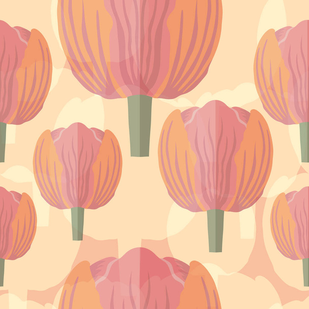Seamless pattern with varietal pink and orange tulip. Pink silhouettes of the same tulip on the bottom layer. Symmetrical tulip without leaves. Pattern for fabrics, print, web usage etc. - Вектор,изображение
