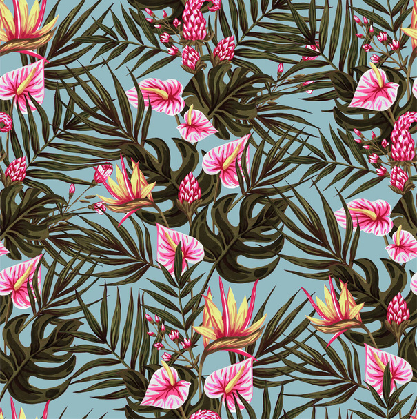 Seamless pattern of gouache-painted leaves of Hawaiian herbs and trees. Trending botanical background with tropical plants - Fotó, kép