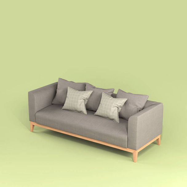 Modern İskandinav gri kumaşlı kanepe, yumuşak yastıklı, tahta bacaklı, açık yeşil arka planda düz manzaralı. Mobilyalar, tek parça iç nesne. Moda koltuğu.. - Fotoğraf, Görsel