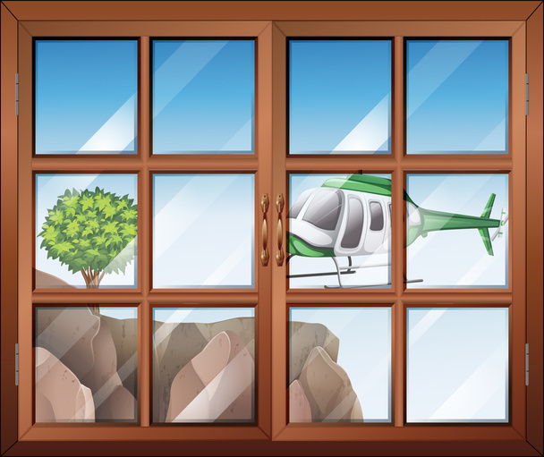 Una ventana cerrada con vista al helicóptero que va al acantilado
 - Vector, imagen