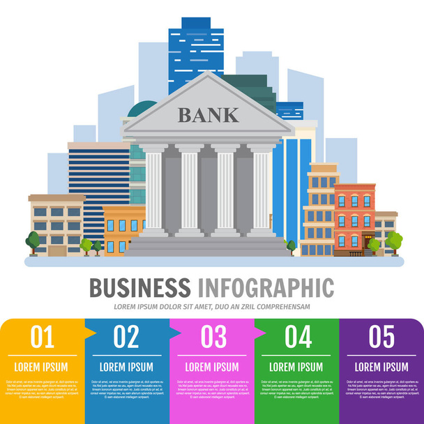 Infografica aziendale. Edificio bancario sul paesaggio urbano. Illustrazione vettoriale Stile piatto. - Vettoriali, immagini