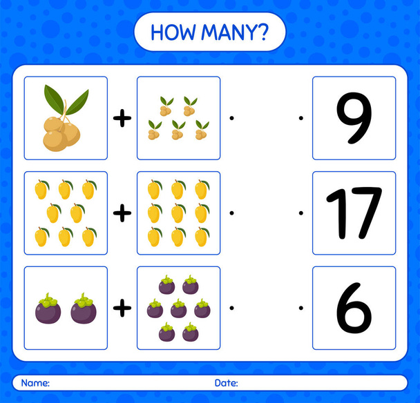 How many counting game with fruit. worksheet for preschool kids, kids activity sheet, printable worksheet - Vector, Image