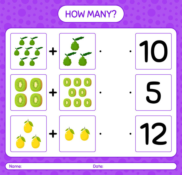 How many counting game with fruit. worksheet for preschool kids, kids activity sheet, printable worksheet - Vector, Image