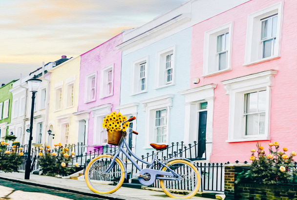 Велосипед з кошиком з квітами на тлі різнокольорових будинків. Імітація олійного живопису. 3D ілюстрація
. - Фото, зображення