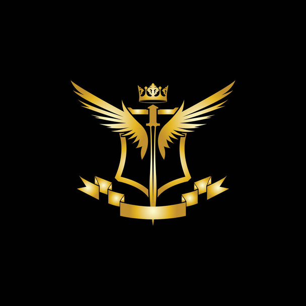Composición heráldica con corona, espadas, alas, escudo y cinta. - Vector, Imagen