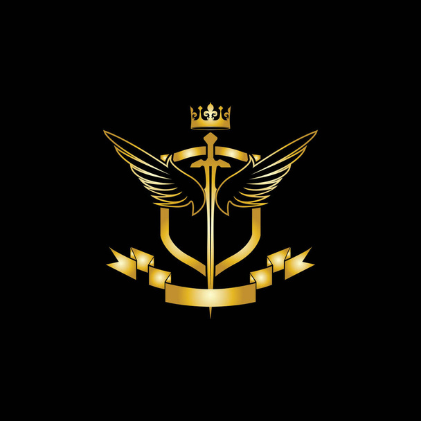 Composición heráldica con corona, espadas, alas, escudo y cinta. - Vector, Imagen