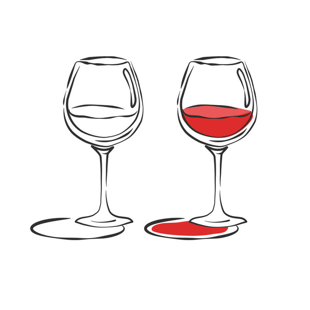 赤ワインのグラス。色と黒と白のイメージの2つのビュー。輪郭のオブジェクト。ワイングラスの手描き。レストランのイラスト。簡単なスケッチだ。彫刻様式の白地に隔絶 - ベクター画像