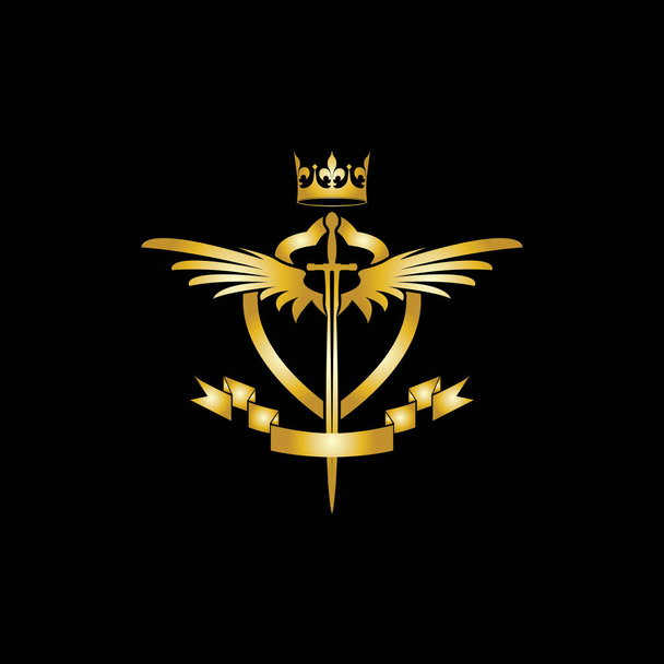 Геральдична композиція з короною, мечами, крилами, щитом і стрічкою
. - Вектор, зображення