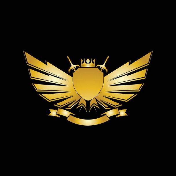 Composizione araldica con corona, spade, ali, scudo e nastro. - Vettoriali, immagini
