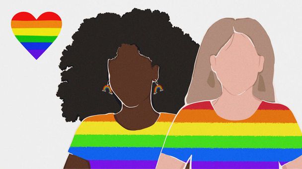 Gökkuşağı tişörtü giymiş eşcinsel bir çift. lgbt desteği. İnsan hakları. afiş, afiş. düz resimleme - Fotoğraf, Görsel