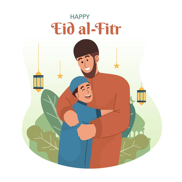 Wektorowa ilustracja muzułmańskiego chłopca i jego ojca przytulających się szczęśliwie, bo witają Eid. Eid al-Fitr to nowy rok muzułmanów na całym świecie. może być stosowany jako źródło graficzne. - Wektor, obraz