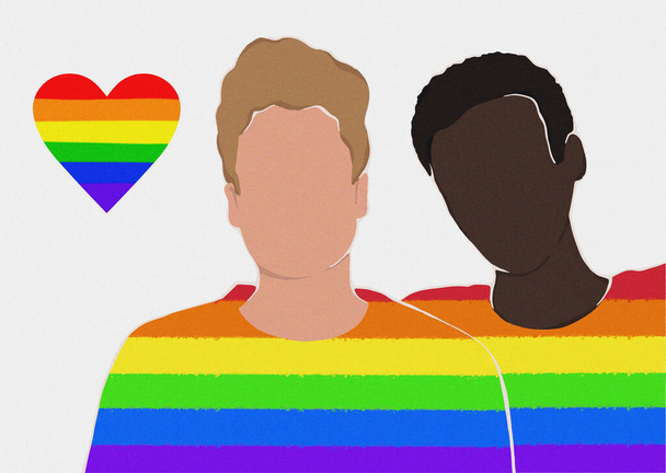Schwules Paar in Regenbogen-T-Shirts. Unterstützung für lgbt. Menschenrechte. Plakat, Banner. flache Abbildung - Foto, Bild