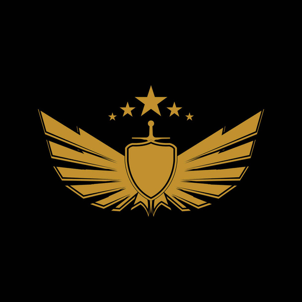 Gold winged sword with shield vector icon. - Vector, Image