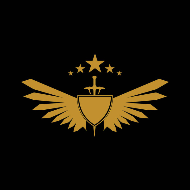 Gold geflügeltes Schwert mit Schild-Vektor-Symbol. - Vektor, Bild