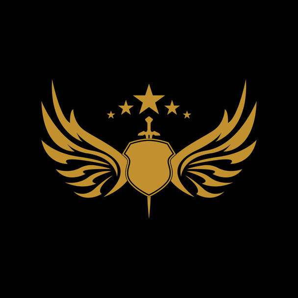 Gold geflügeltes Schwert mit Schild-Vektor-Symbol. - Vektor, Bild