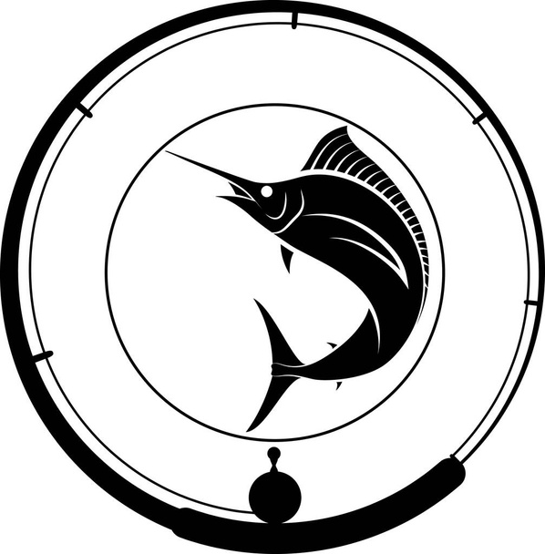 insignia de pesca con pez espada y caña de pescar - Vector, imagen