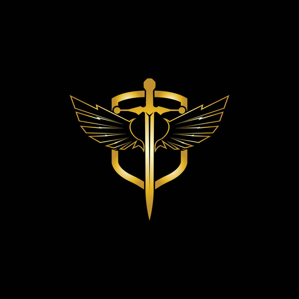 Złoty miecz skrzydlaty z ikoną wektora tarczy. - Wektor, obraz