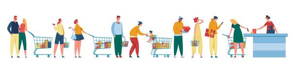 People queue. Customers waiting in line at counter with cashier. Men and women with shopping carts standing at cash desk. Grocery store checkout vector illustration - Vector, Image