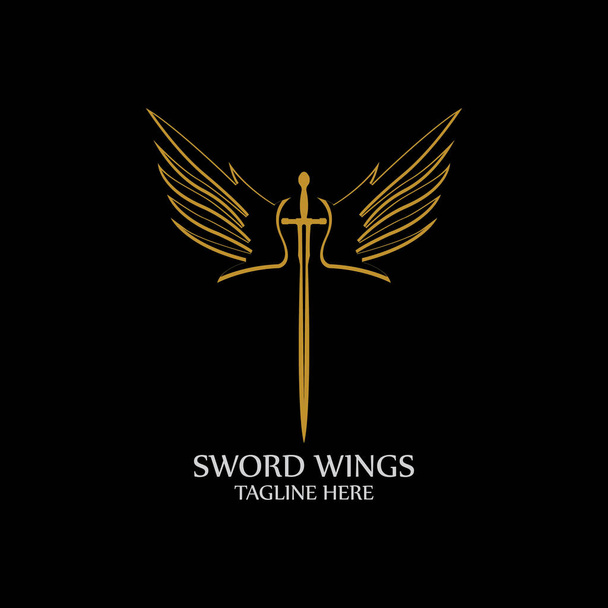 Sword with Wings. Golden Sword Symbol on Black Background. - Vector, Image