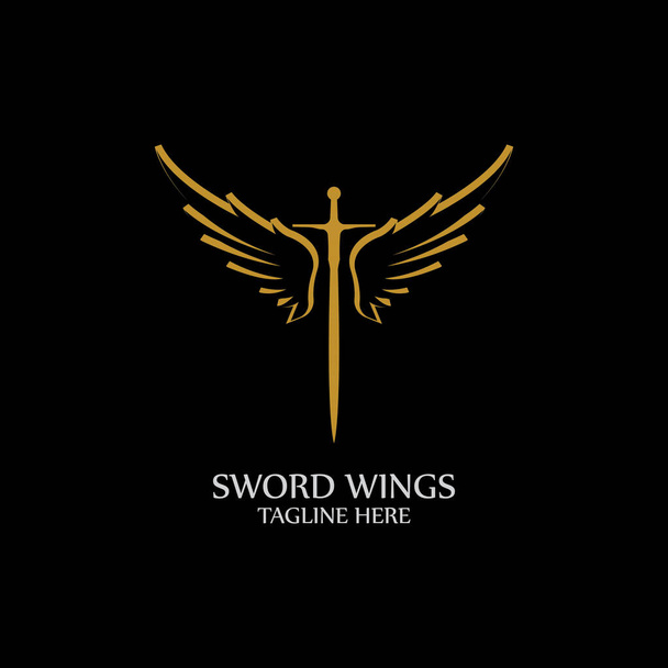 Meč s křídly. Zlatý meč symbol na černém pozadí. - Vektor, obrázek