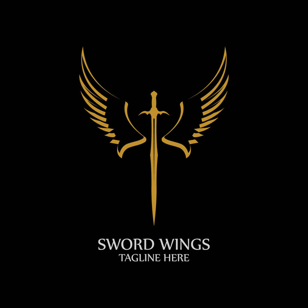 Schwert mit Flügeln. Goldenes Schwert Symbol auf schwarzem Hintergrund. - Vektor, Bild