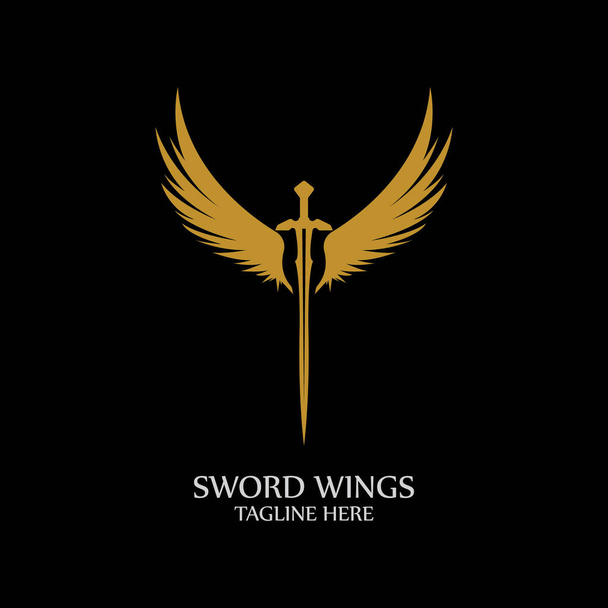 Zwaard met Wings. Golden Sword Symbool op zwarte achtergrond. - Vector, afbeelding