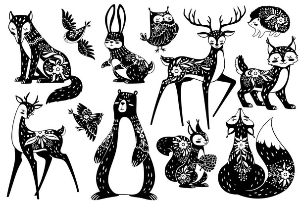 Skandinavische Tiere. Waldbewohner nordisch mit Blumenmustern. Rotwild, Fuchs und Hase, Eichhörnchen und Igel, Luchs und Eule schwedisches Vektorset - Vektor, Bild