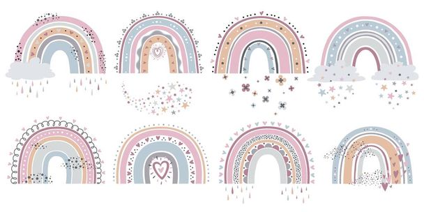 Arco iris escandinavo. Arco iris de dibujos animados con nubes, flores y estrellas en colores pastel para textiles para niños, conjunto vectorial aislado de papel pintado - Vector, Imagen