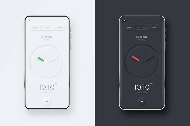 Kit UI neumórfico na tela do smartphone. Relógio no modelo de smartphone preto e branco. Aplicação de interface móvel. Modelo de IU - Vetor, Imagem