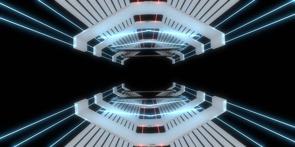 3D abstrakter Hintergrund mit Neonlicht. Neon Tunnel .space Bau. 3D-Illustration - Foto, Bild