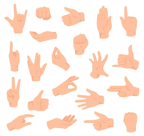 Ploché. Mužská ruka s různými gesty a pěstmi. Otevřete dlaň, palec nahoru a ukazujte ukazováčkem. Přidržování a udávání vektoru ramene - Vektor, obrázek