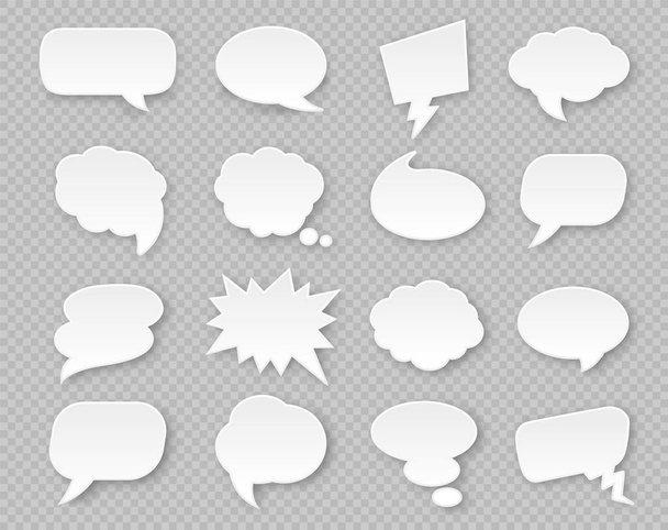 Burbujas de habla de papel. Comic pensó globos blancos en blanco con sombra. Nube de pensamiento para la expresión en varias formas conjunto de vectores - Vector, Imagen