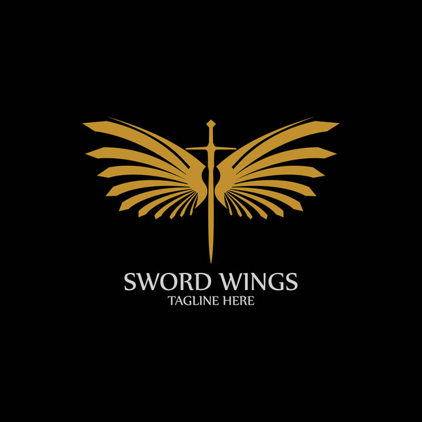 Zwaard met Wings. Golden Sword Symbool op zwarte achtergrond. - Vector, afbeelding