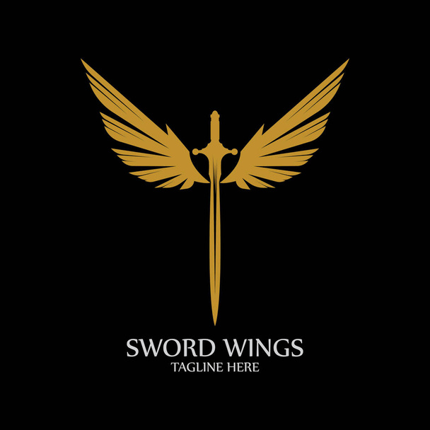 Meč s křídly. Zlatý meč symbol na černém pozadí. - Vektor, obrázek