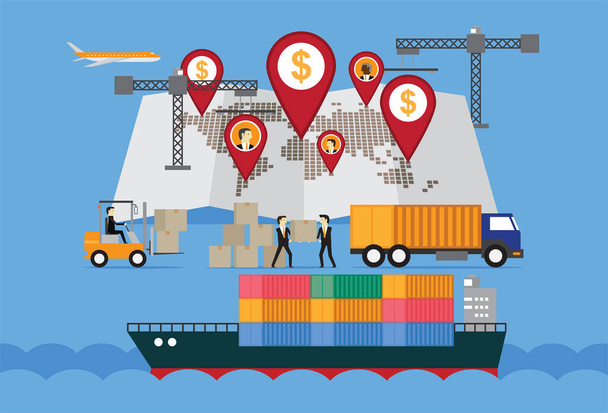 Parceria logística global Navio de carga de contêineres industriais - Vetor, Imagem